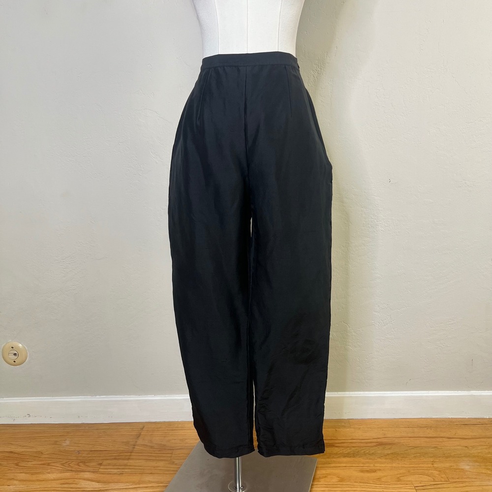 ICE Petite Trousers High Rise Tapered Leg Size 10P Black 100% Silk Minimal